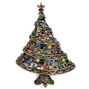 Christmas Tree Brooch Vintage JJ Jonette Holiday Crystal Lights Antiqued Pin